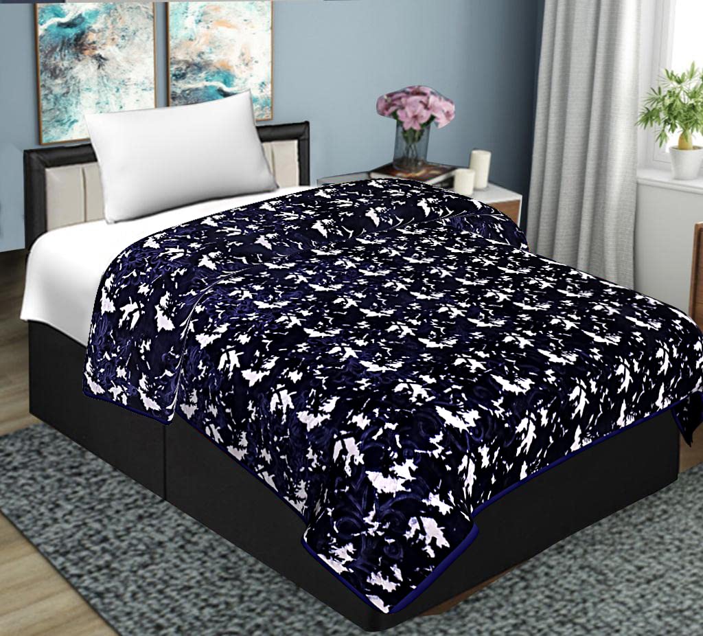 Spangle Printed Floral Self Warm Soft Luxurious 480 TC Mink Single Bed Blanket (Blue)