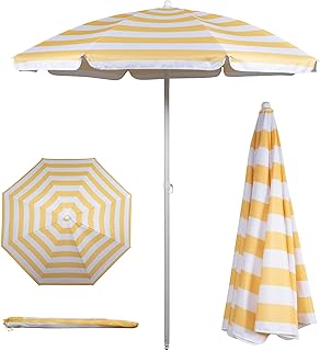 PICNIC TIME 5.5 Ft Portable Beach Umbrella, Lightweight UV Protection Sunshade with Tilt Pole & Carry Bag, Outdoor Canopy Umbrella for Beach, Sand, Pool, Patio, Camping, Travel, or Backyard Shade, (Yellow Cabana Stripe)