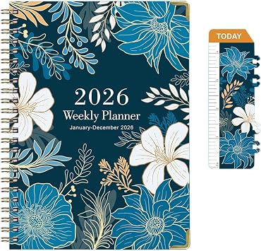 Academic Planner 2026, A5 Weekly & Monthly Calendar Planner with Tabs, PVC Bookmark, Metal Corner Protectors, Inner Pocket, 8.54" 6.22" Hardcover School Daily Agenda Book for Teacher Student Blue