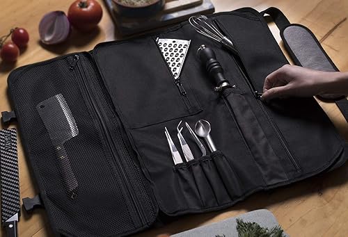 Miniatura 9 de Asaya Bolsa enrollable para cuchillos de chef, 20 bolsillos en total para cuchillos y utensilios de cocina, fabricada con nailon encerado resistente