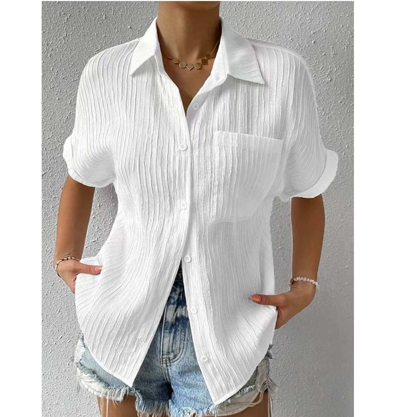 Camicie di garza alla moda a maniche corte con colletto per le donne con risvolto 2025 estate a righe abbottonate top in lino comodo leggero in cotone tuniche fidanzato Vcation casual tinta unita