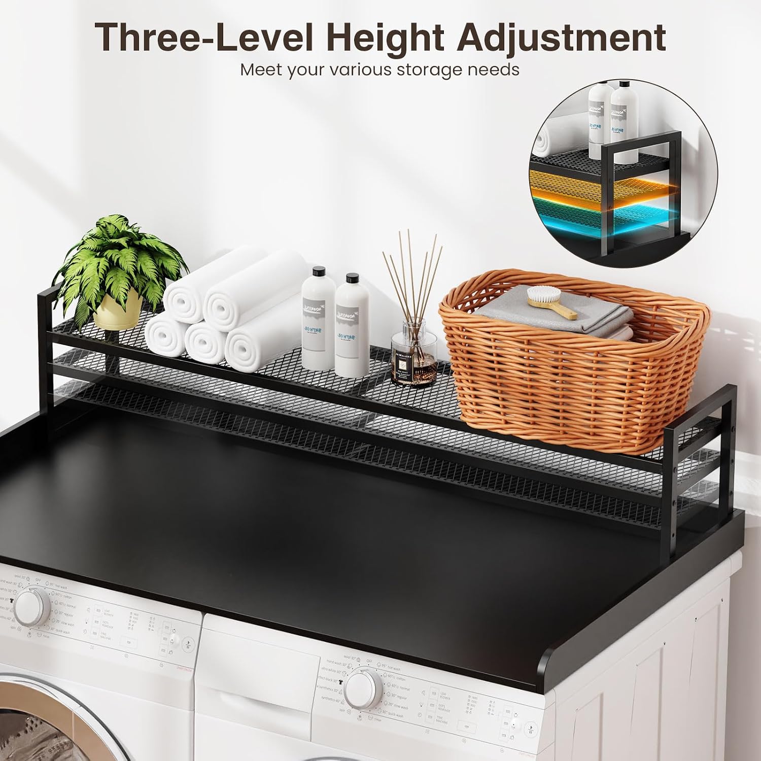Washer Dryer Countertop with Shelf, 54" x 27.5" Wooden Washer and Dryer Topper, Laundry Countertop with Anti-Slip Pads, Washer Dryer Topper for Laundry Room Organization and Storage (Black)