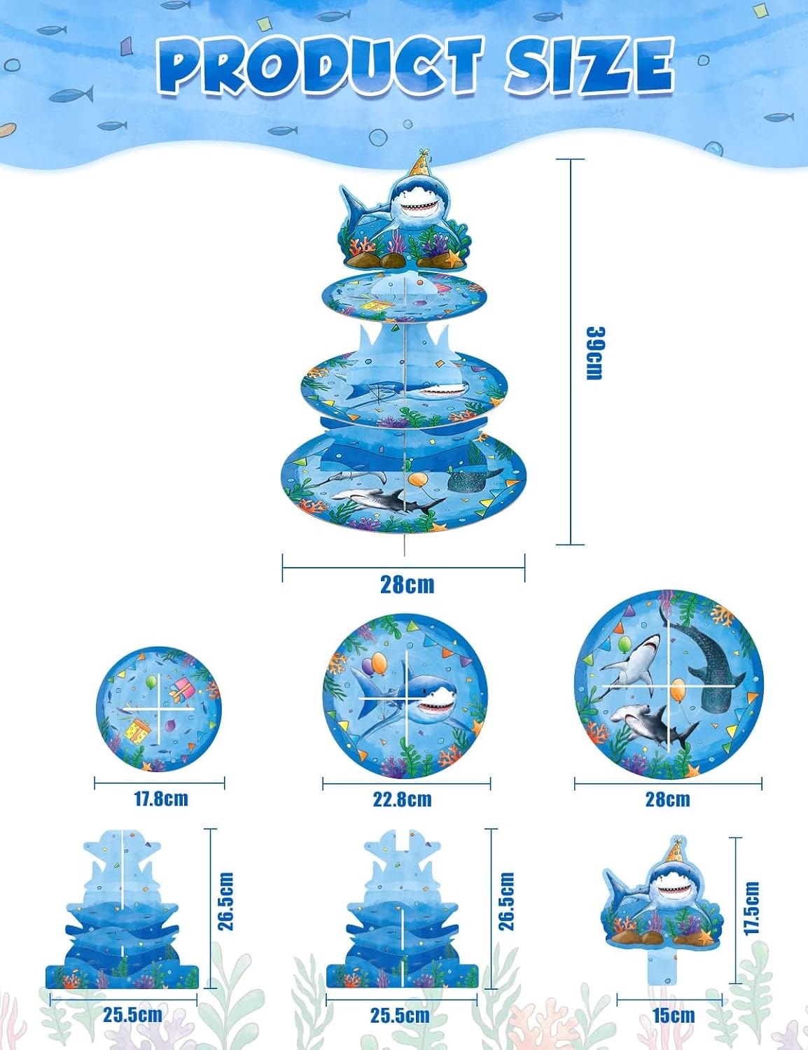 WERNNSAI Shark Cupcake Stand -3 Tier Shark Birthday Party Decorations for Boys Kids Ocean Party Supplies Blue Shark Cupcake Holder Dessert Tower for Ocean Animal Birthday Party Baby Shower Supplies