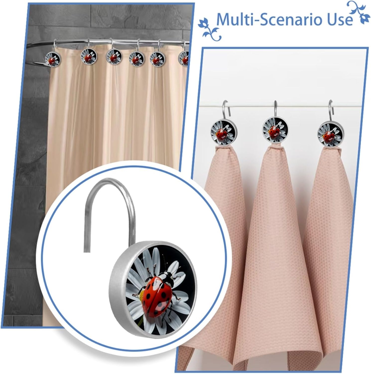 Ladybug and Daisy Decorative Shower Curtain Rings for Bathroom Shower Rod, 12Pcs Rust Resistant Crystal Glass Shower Curtain Hooks, Bathroom Bedroom Living Room Accessories