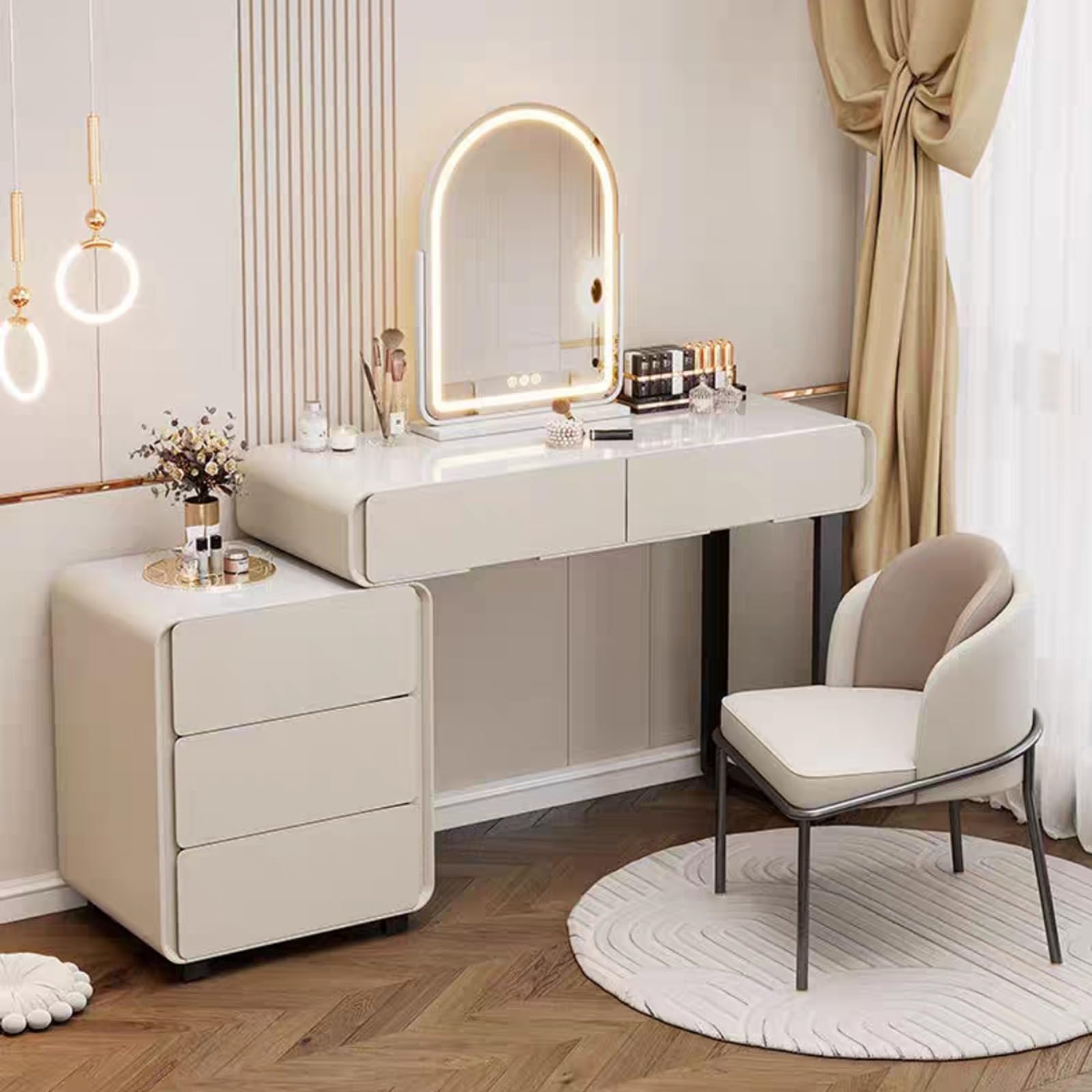 asdchZen Stylish Walnut Dressing Table With Mirror & Color Dimming Sleek Bedroom Vanity Desk For Women & Girls Nightstand Included Perfect For Elegant Home Decor