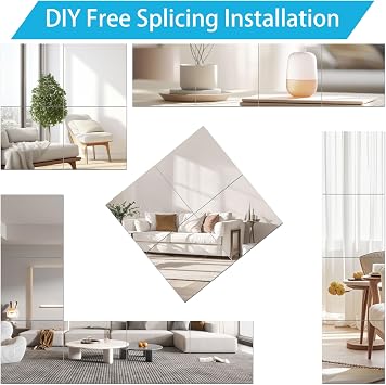 6 Pcs Flexible Mirror Sheets Self-Adhesive Mirrors 2mm Thickened 20 x 20cm Acrylic Mirror Full Length Wall Mirrors Plastic Mirror Tiles Non-Glass Mirror for Bathroom, Bedroom, Door etc