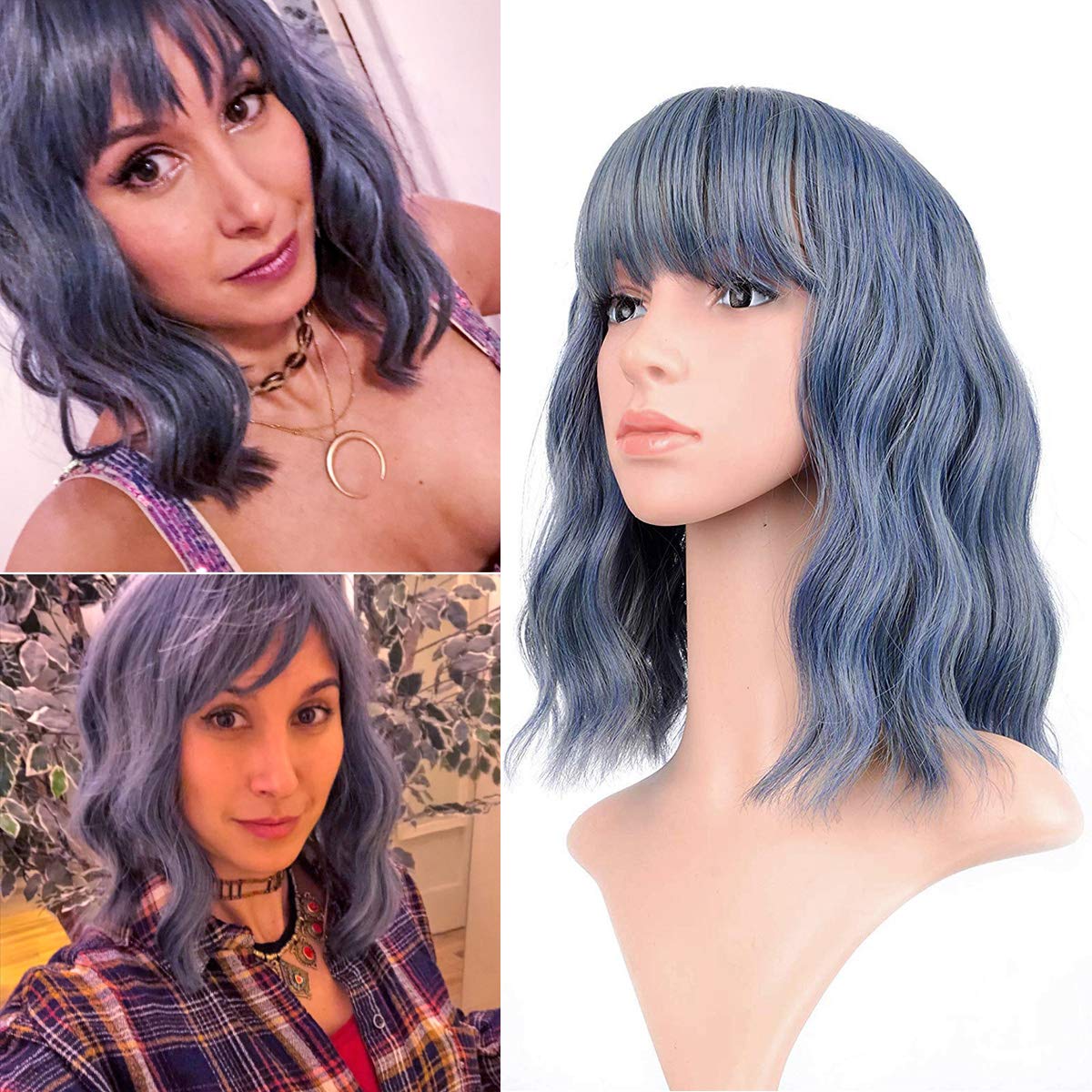 Kreesi Blue Wig with Bangs Short Wavy Wig for Women Shoulder Length Curly Bob Wig Heat Resistant Fiber Hair Mixed Blue Wigs Synthetic Cosplay Party Wig