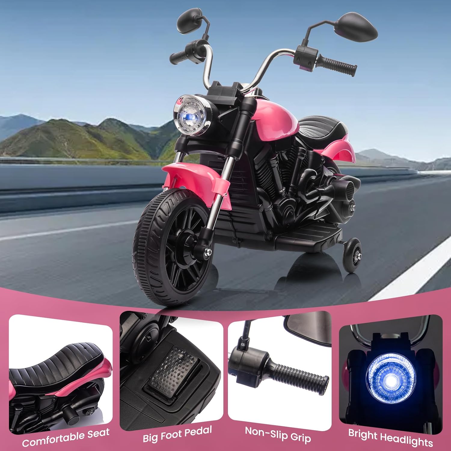 Kids Motorcycle, 12V Battery Powered Electric Motorcycle, 3-Wheel Ride On Motorcycle w/Training Wheels, Reverse, Headlight, Horn, Music, Ride On Toy for Kids Toddler Boys Girls Ages 3-5 Years (Pink