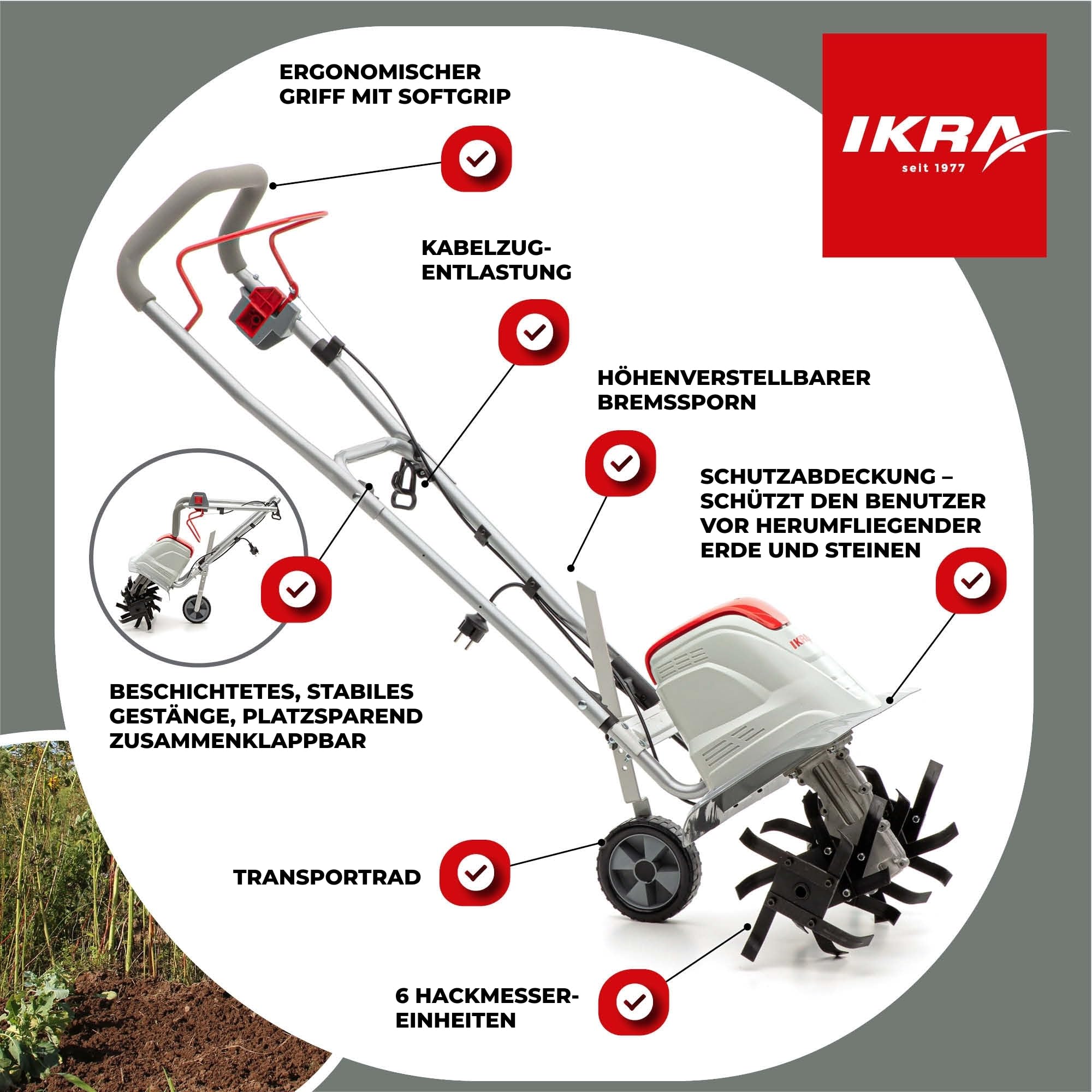 IKRA Elektro Bodenhacke FEM 1500, flexibel 3 Arbeitsbreiten 17, 30 & 45cm | Boden lockern und Saatbett vorbereiten, 1500W, Arbeitstiefe 23cm, Bremssporn, Transportrad, zusammenklappbar, Überlastschutz