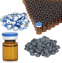 5ml Amber Glass Vials with Plastic-Aluminum Flip Caps and Rubber Stoppers, 100pcs 20mm Flat Bottom Lab Bottles Chudeng