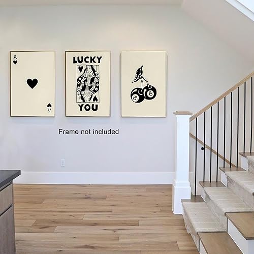 Miniatura 2 de Juego de 3 pósteres de Lucky You Poker en blanco y negro con diseño vintage de cereza preppy, arte de pared moderno con estampado de cartas de juego