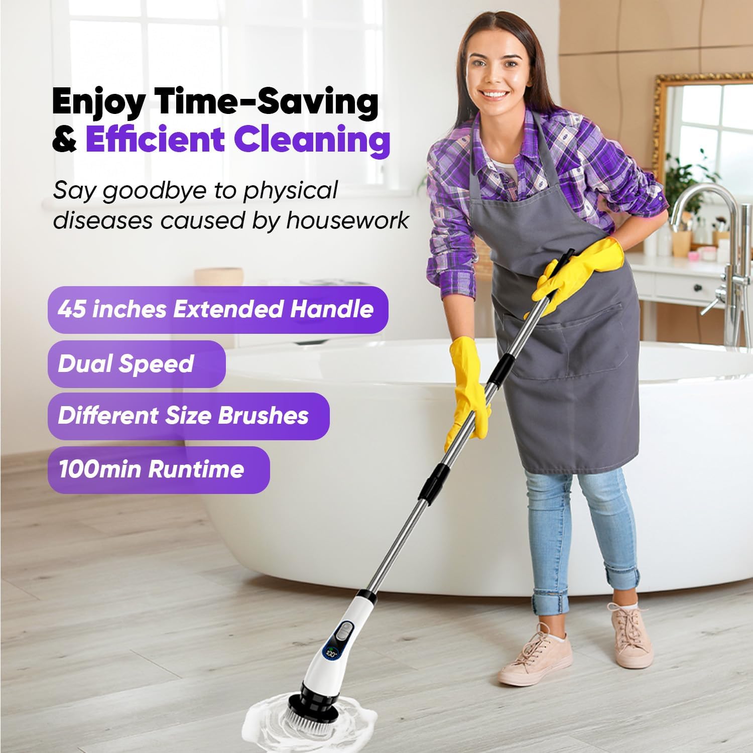 Electric Spin Scrubber Cordless – Powerful Bathroom Cleaning Brush with Long Handle, 2 Speeds, 3000mAh Rechargeable, 7 Brush Heads, Wall Hanger & Crevice Tools – Shower, Tub & Tile Cleaner