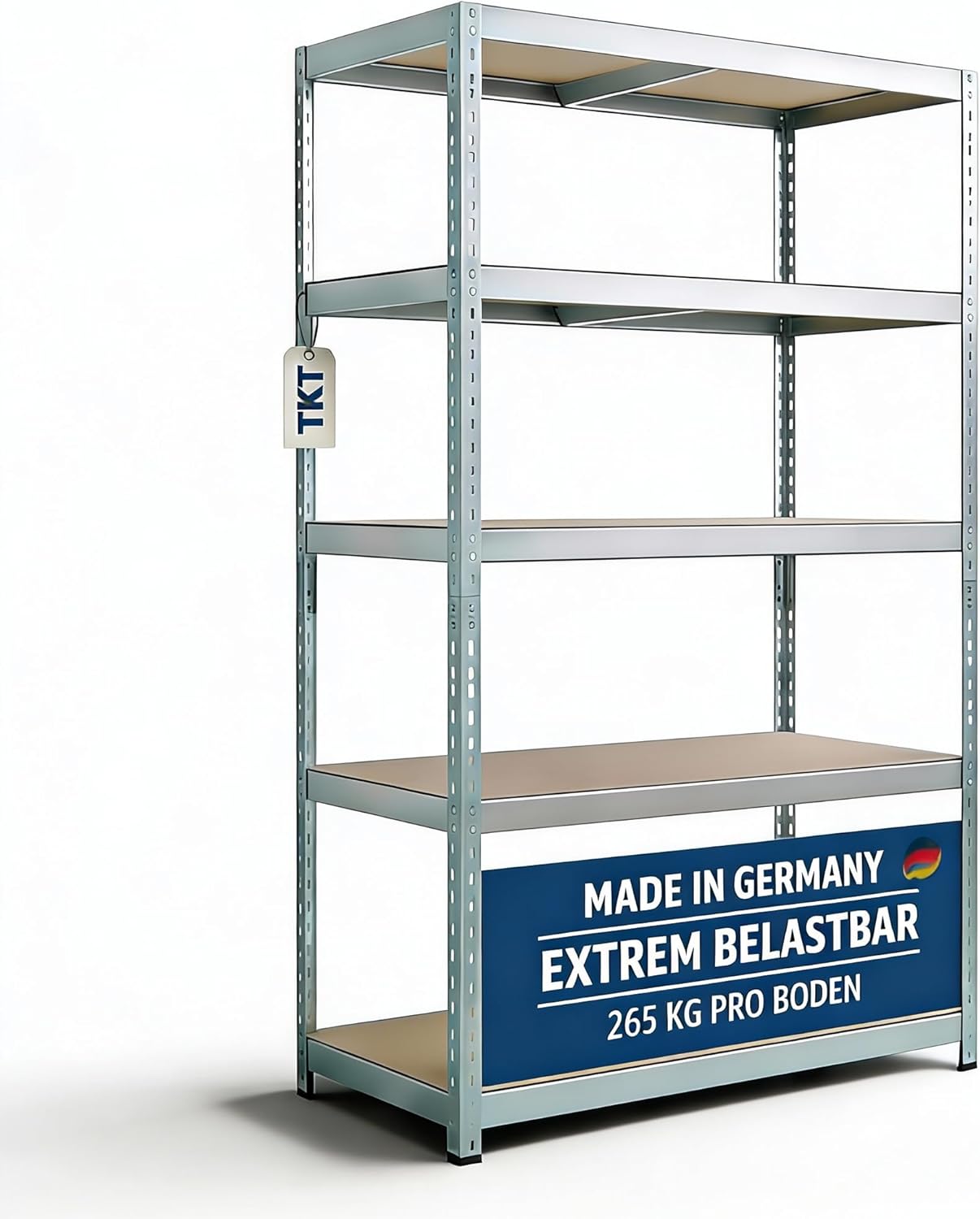 TKT – Work System Steckregal mit Holzböden & Unterzug 180x92x46cm - Verzinktes Regal mit 265kg Tragkraft pro Boden. Schwerlastregal mit 5 Böden für Werkstatt  Wohn- & Kellerraum