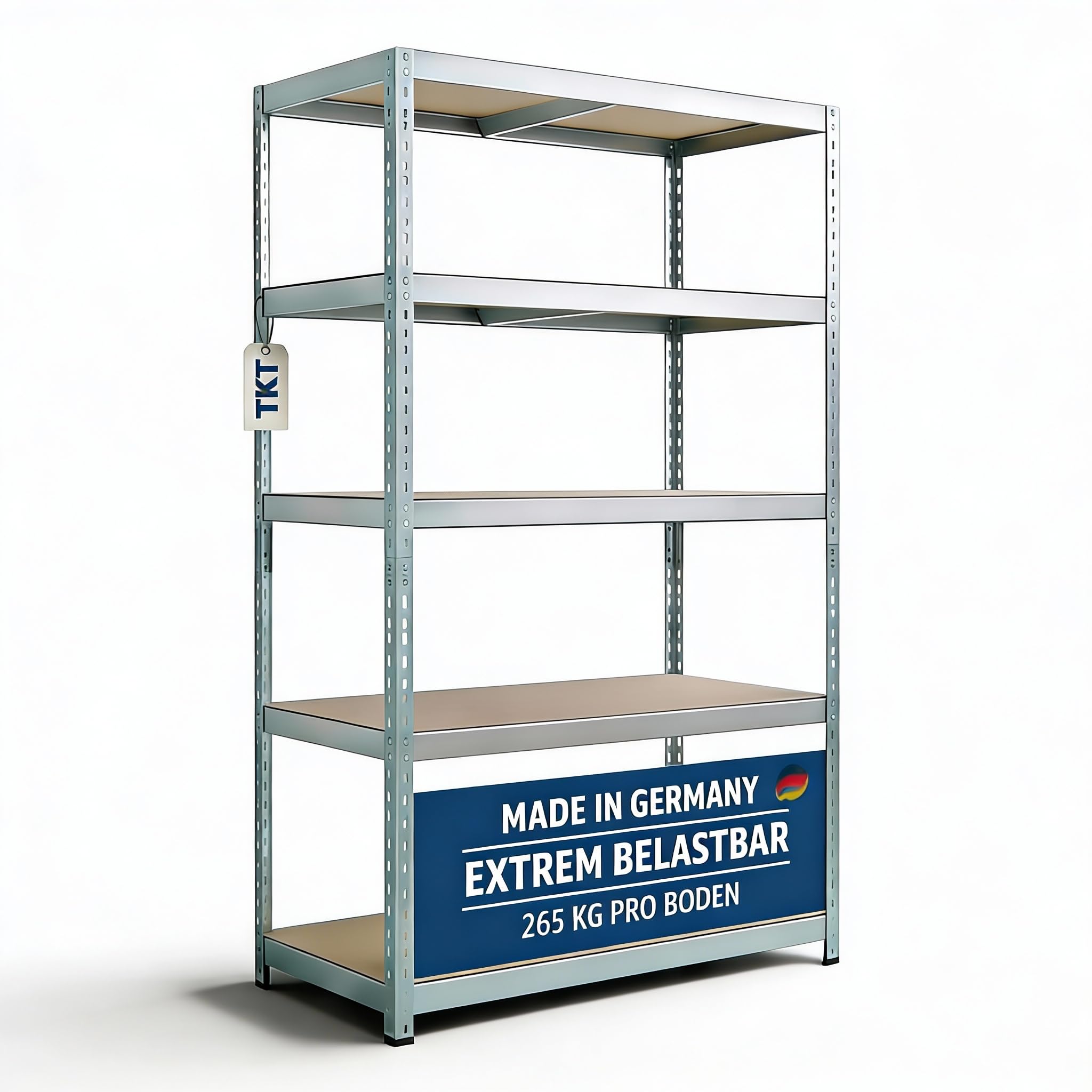 TKT – Work System Steckregal mit Holzböden & Unterzug 180x92x46cm - Verzinktes Regal mit 265kg Tragkraft pro Boden. Schwerlastregal mit 5 Böden für Werkstatt, Wohn- & Kellerraum