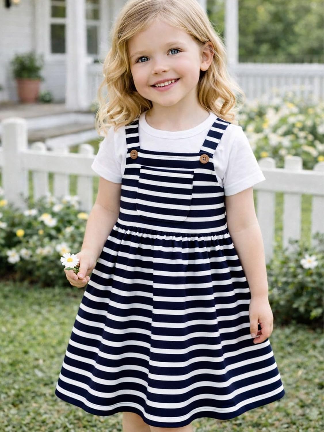 HILEELANG Toddler Girls Jumper Dress Set, Cotton Tee and Suspender Dress 2 Piece Outfit, Striped Gingham Denim Styles, 2T–8T - Image 2