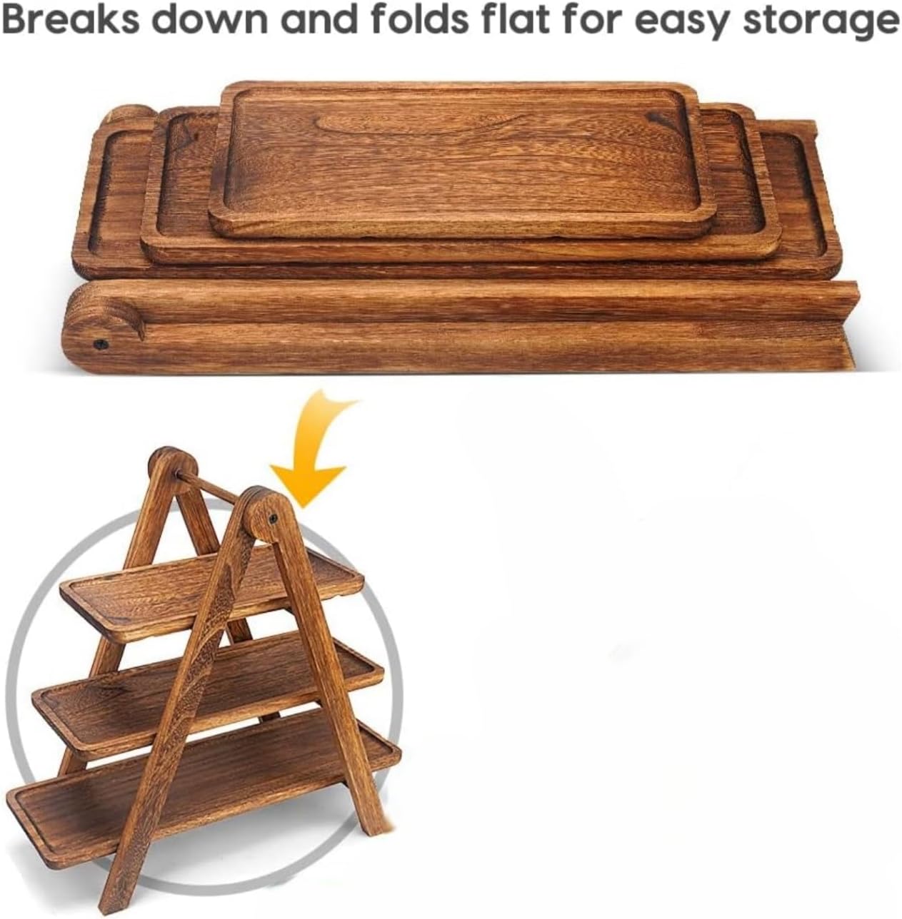 3 Tier Wooden Serving Tray Stand, Farmhouse Style 3 Tier Serving Tray Wood, Foldable Tiered Serving Tray for Desserts, Cupcakes, Charcuterie & Party Display, 13.46” x 7” x 15.75”