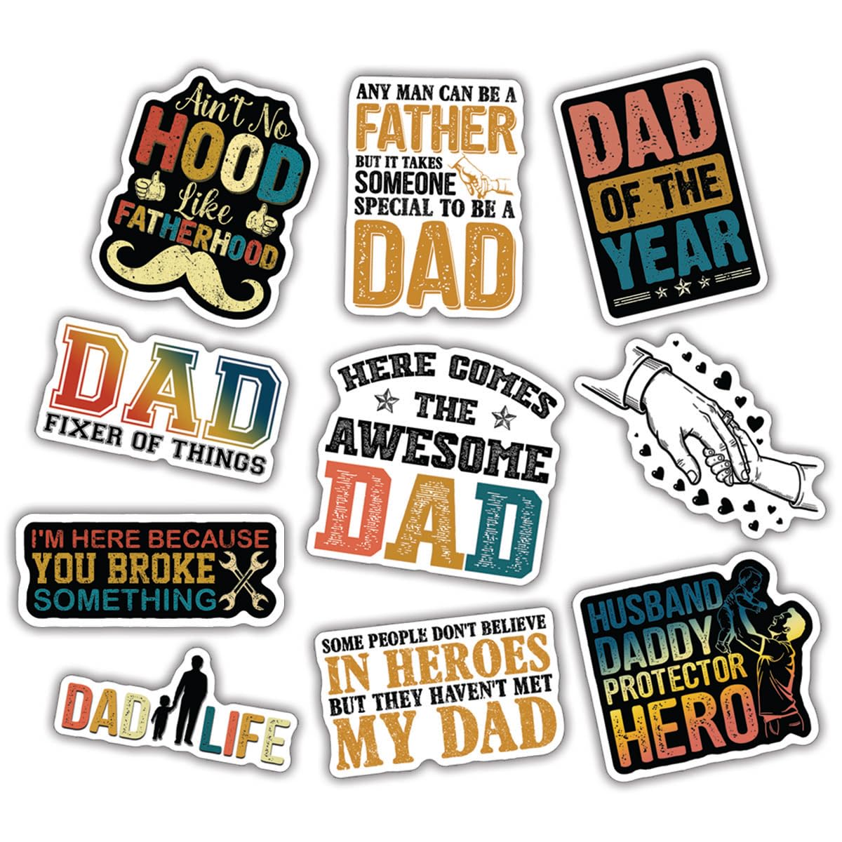 10pcs Dad Sticker Sheet, Hilarious and Cool Vinyl Decals for Fathers, New Dads, Fathers Day, Waterproof, UV-Resistant, for Laptop, Toolbox, Water
