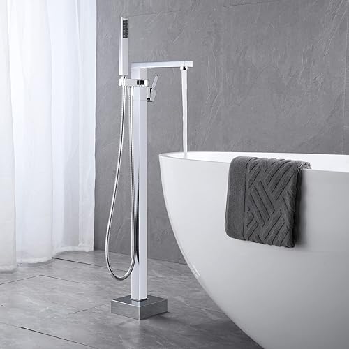 Miniatura 15 de Grifo de bañera independiente, relleno de bañera de oro cepillado, montaje en piso, grifos de baño de latón con una sola manija con ducha de mano