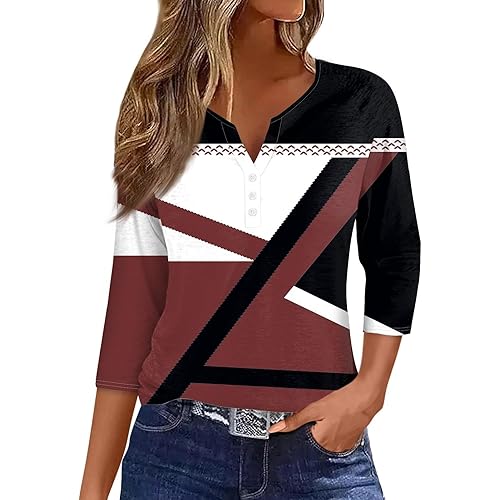 Womens Cotton Tops,3/4 Length Sleeve Womens Tops V Neck Shirts Button Down Blouses Loose Solid Henley Work Tops