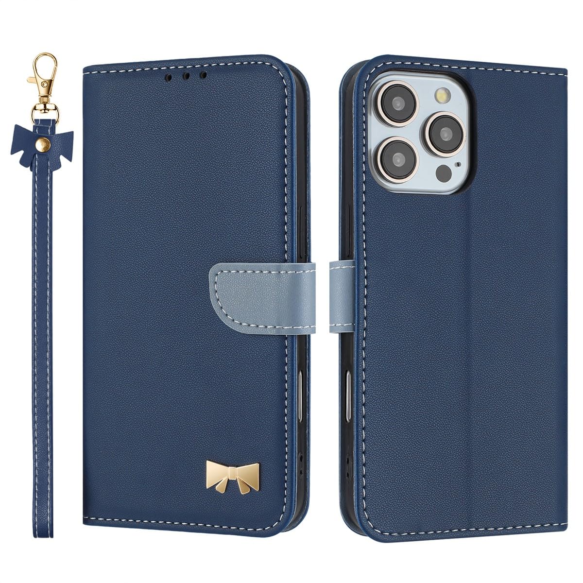 Étui compatible avec iPhone 13 Pro Max bleu foncé portefeuille rabat cuir - 8