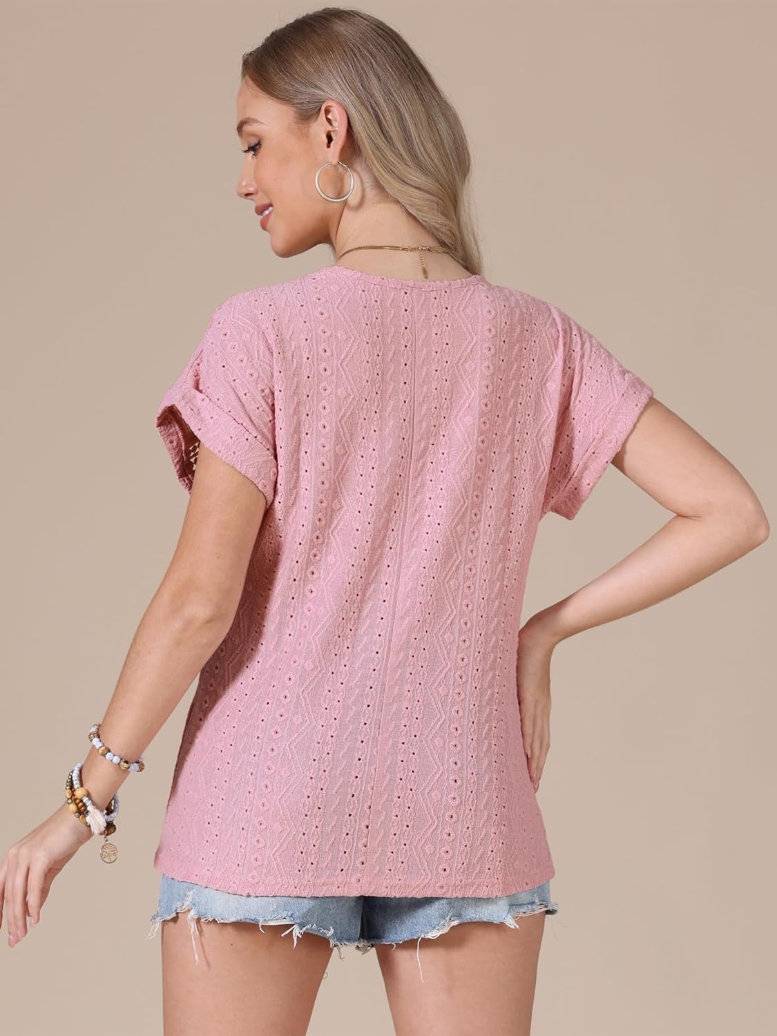 Allegra K Eyelet Tops for Women's Short Sleeve Hollow Out Summer Dressy Casual Top - Image 2