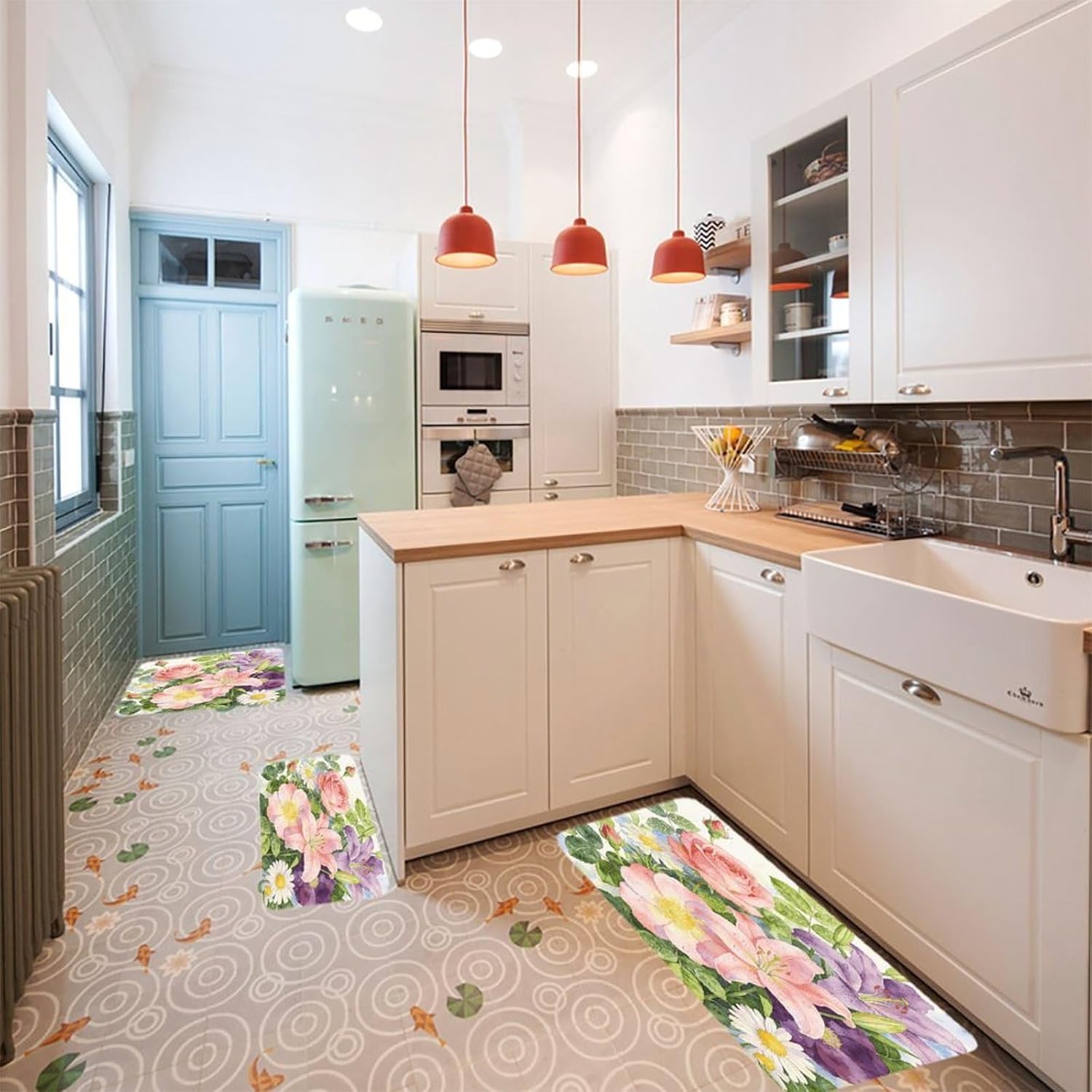 Botanical Bloom Kitchen Rugs Sets of 3 Non Slip Kitchen Mat for Floor Comfort Standing Rug and Mats Thick Cushioned Long Area Carpets for Laundry Room Entryway