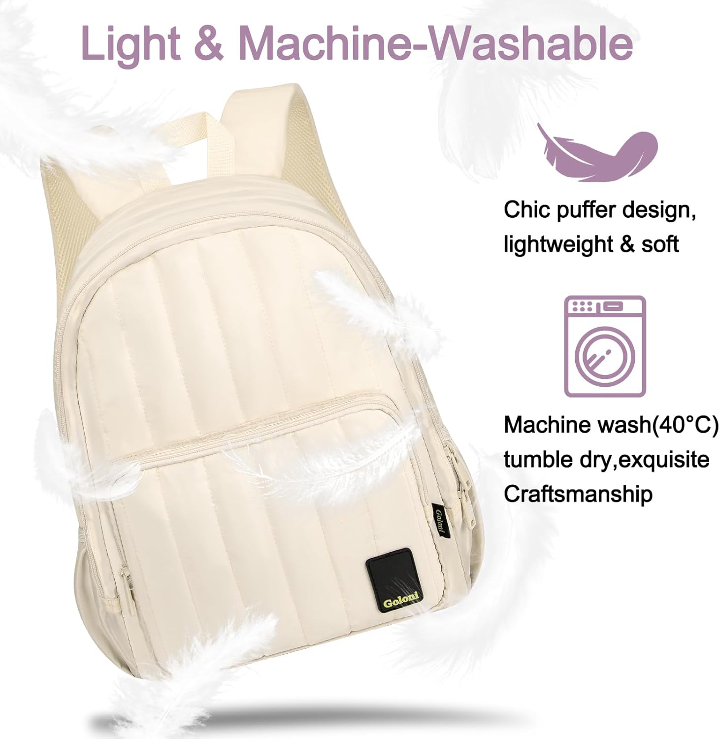 Goloni Puffer Laptop Backpack for Women, 15.6 Inch Water Resistant Backpack,Quilted Casual Daypack,Lightweight Travel Backpack,White