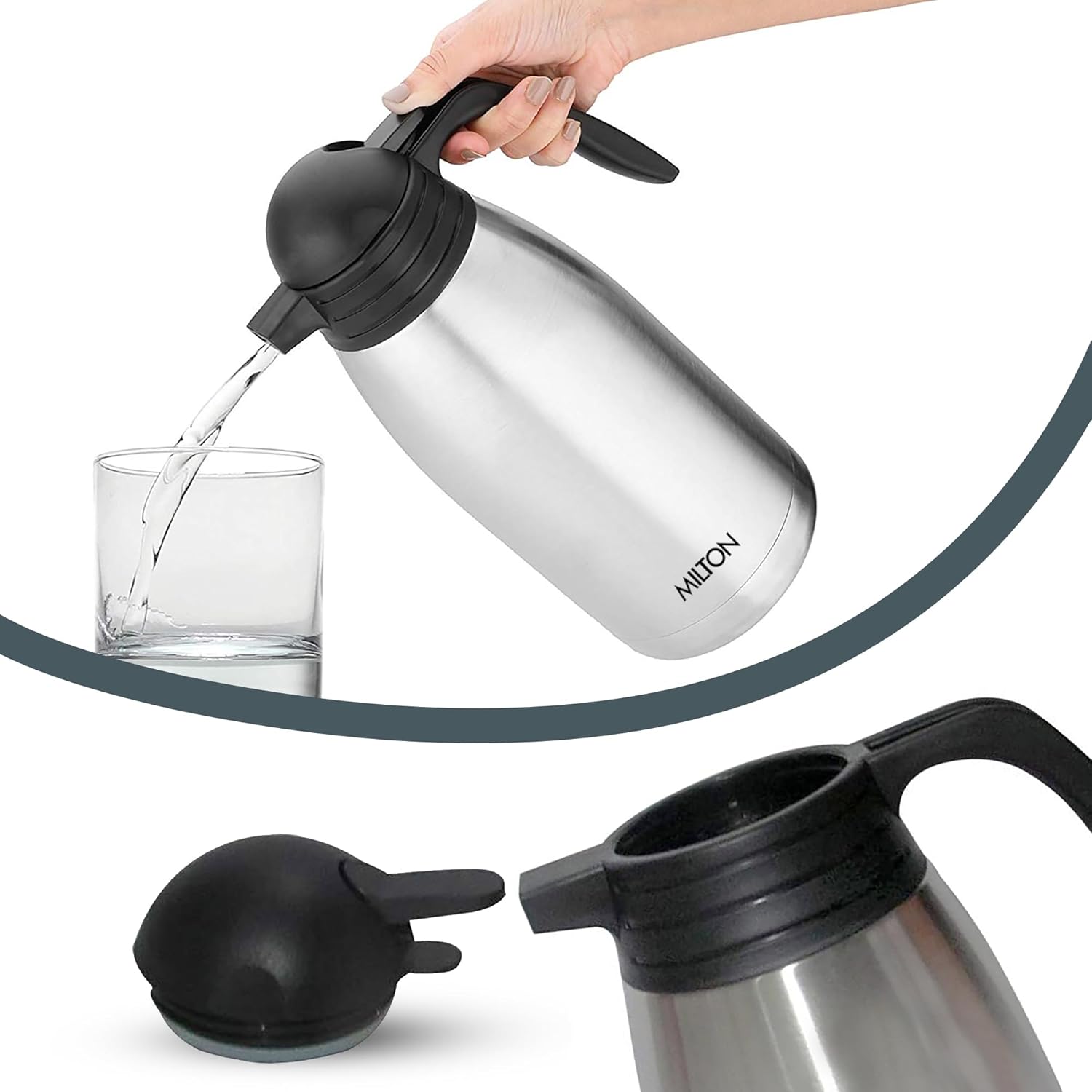 Milton Thermosteel Carafe Double Wall Vaccum Insulated Thermal Carafe 1500 ml | 50 oz | Press & Pour Lid, 24 Hours Hot & Cold, 304 Stainless Steel, Leak Proof, Rust Proof | Coffee, Tea, Water | Silver