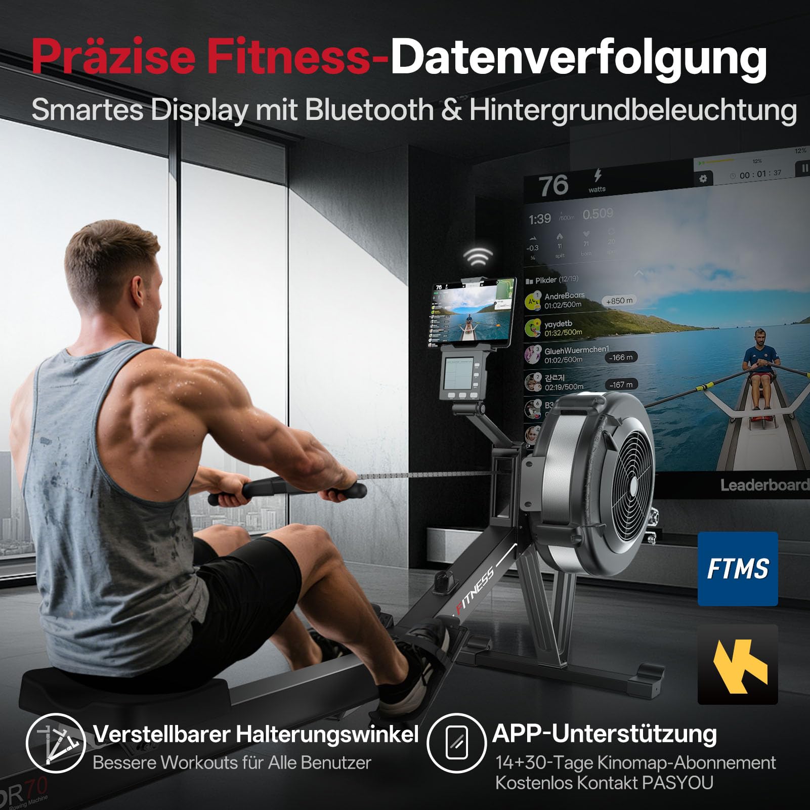 PASYOU Rudergerät Luftwiderstand für Zuhause, Professionelles Rudergeräte mit 10 Stufen Einstellbar, Professionelles Indoor-Rudergerät, Ergonomischer Komfortsitz,mit Kinomap APP, Tragfähigkeit 160 KG