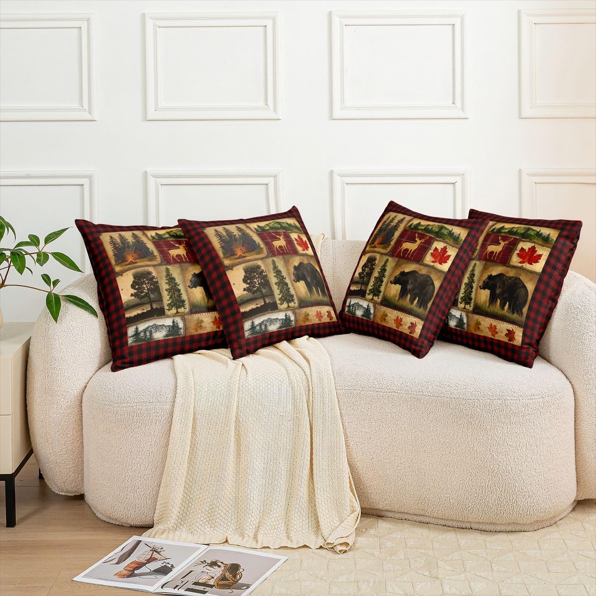 Set of 2 Bear Cabin Plaid Throw Pillow Covers 24x24 Inch, Rustic Farmhouse Pillow Covers, Retro Hunting Deer Cushion Covers, Woodland Pine Tree Maple Leaf Decorative Pillow Covers, Red Black Brown