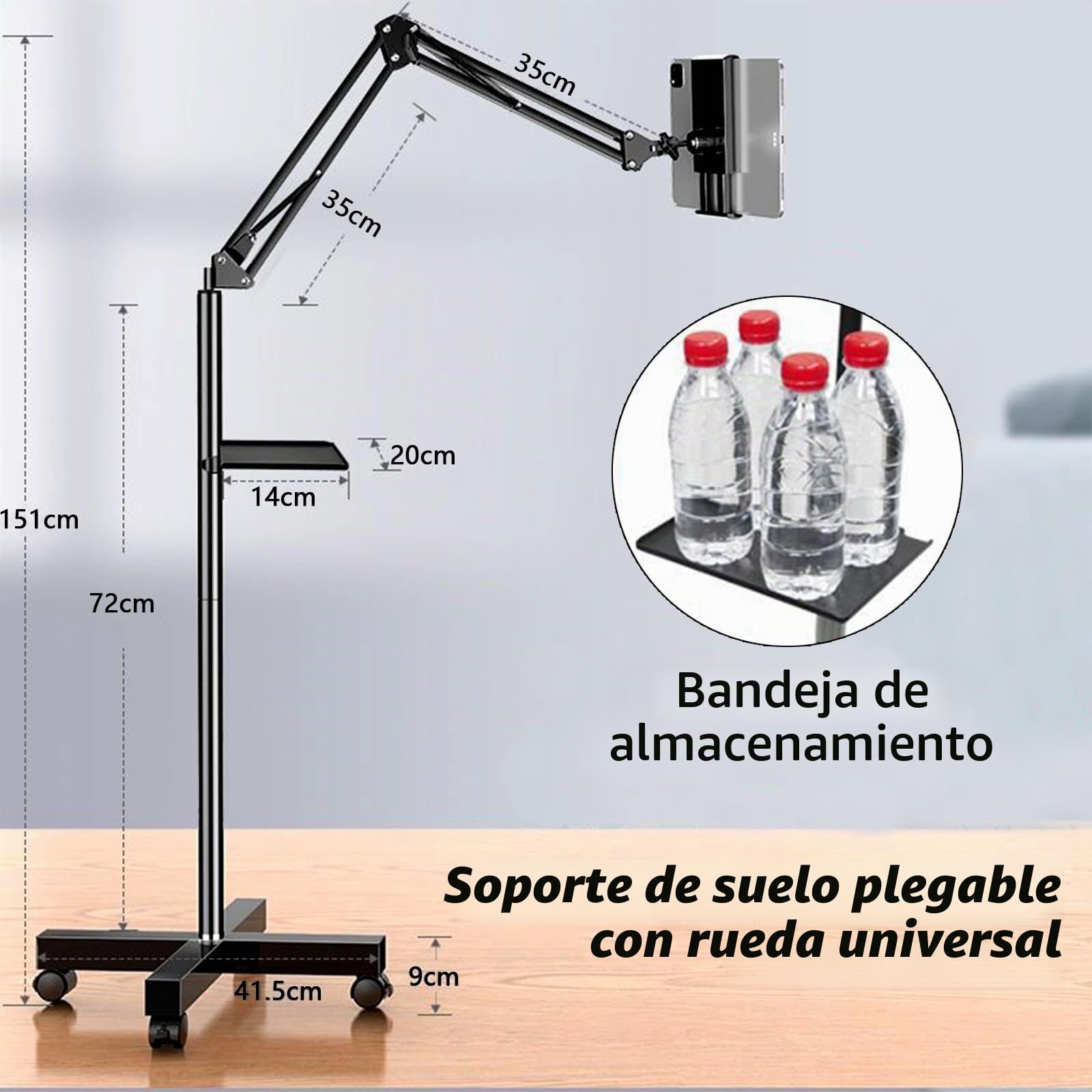 Soporte para Tableta, Soporte Ajustable para Tableta Soporte para Tableta con Cuello de Cisne y Ruedas Libre Movimiento para iPad iPhone Samsung Pestaña Teléfono Inteligente Lector Electrónico