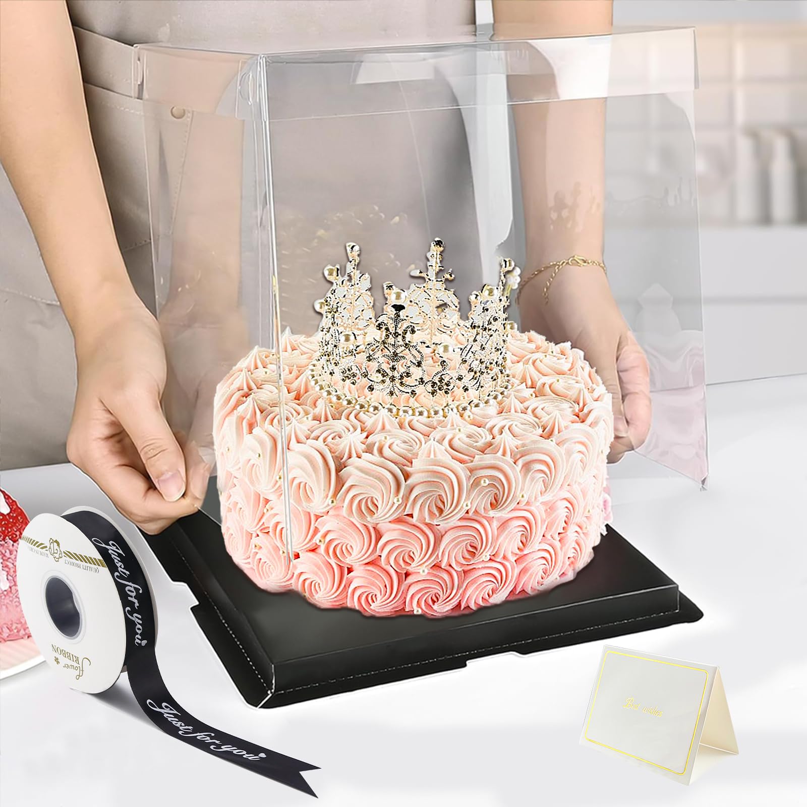 2 Stück Transparente Tortenboxen – 30x30x23 Cm, Mit Schwarzem Sockel, Band & Karte, Für Geburtstag & Desserts