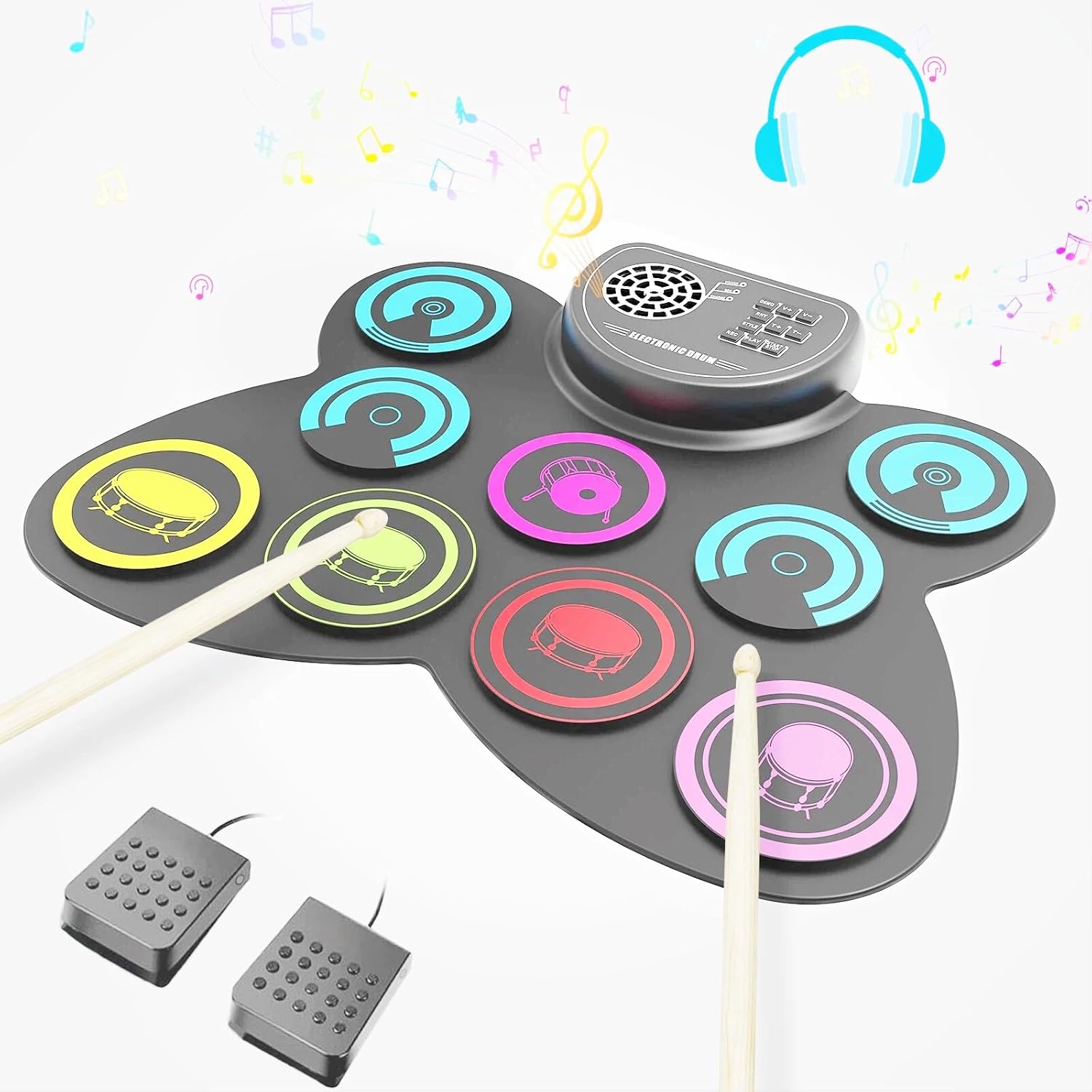 Electronic Drum Set, 9-Drum Electronic Drum Pad with Headphone Jack, Roll-up Drums Kit with Built-in Speaker Drum Pedals