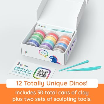 Fat Brain Toys Hey Clay Dino Land Bundle, Air Dry Clay Kit with Interactive App for Kids & Tweens, Modeling Clay and Crafts Set