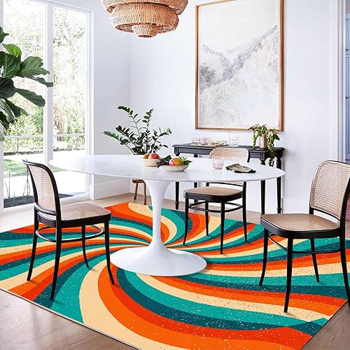 Miniatura 4 de Retro 70S Rotating Rainbow Carpet for Living Room 6x8ft Abstract Illusion Lines Area Rug for Bedroom Washable Non-Slip Rug Throw Cute Soft Kids Rugs