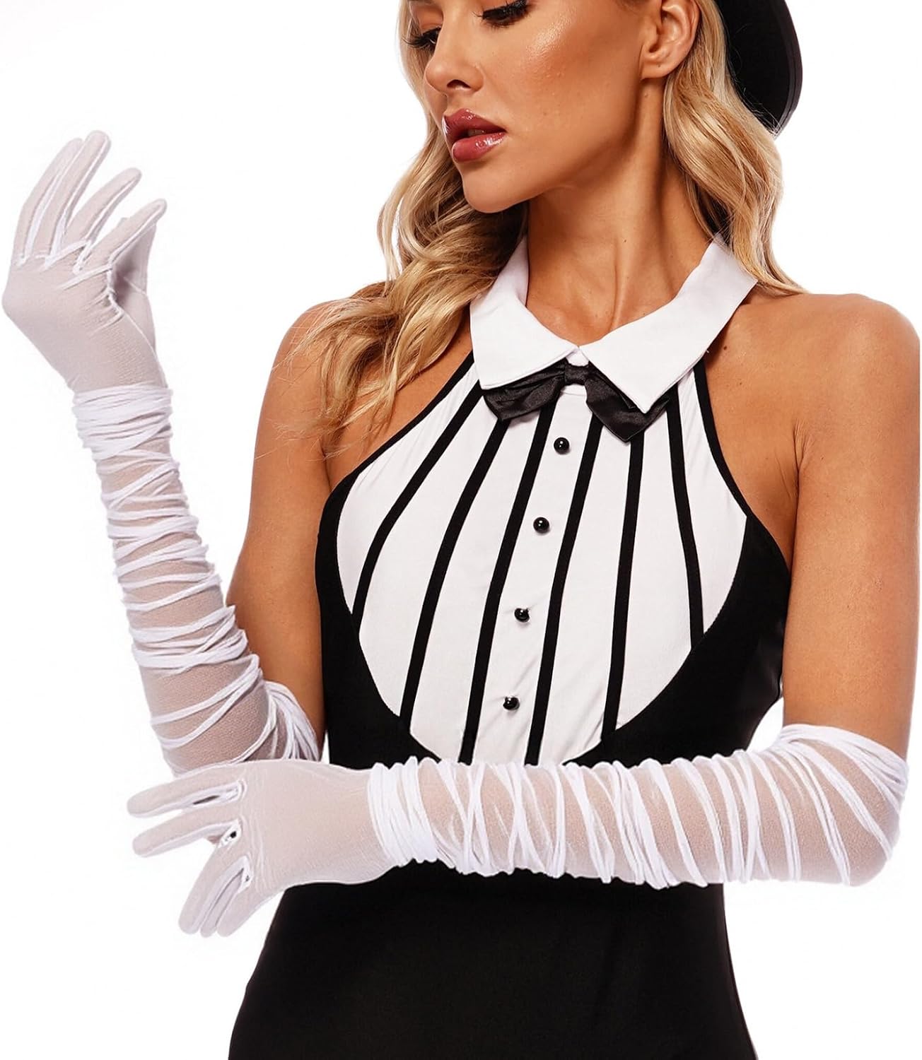 Hansber Long Elbow Length Evening Gloves Vintage Stretch Mesh With Ruched For Wedding Masquerade Ball Vintage Cosplay