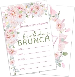 Birthday Brunch Invitations, Pink Floral Birthday Invite Cards With Envelopes, 20 Fill-In Style Party Invitations For Girls Women, Party Supplies Favors Decorations-010