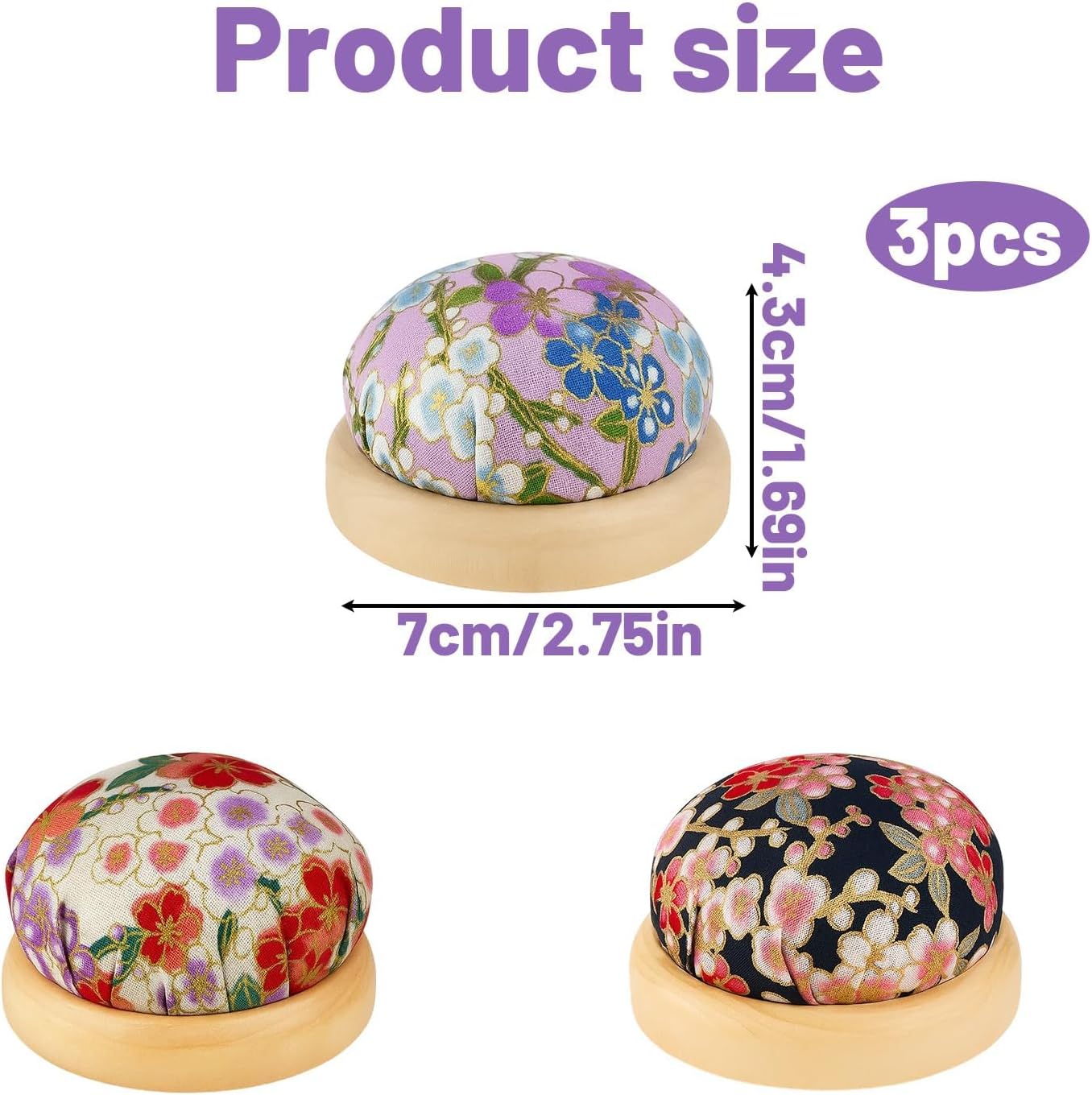 3 PCS Pin Cushion, Wooden Base Pin Cushions for Sewing, Floral Design Sewing Pin Cushion for Quilting, Embroidery, and DIY Crafts, Includes White, Black, and Purple Patterns