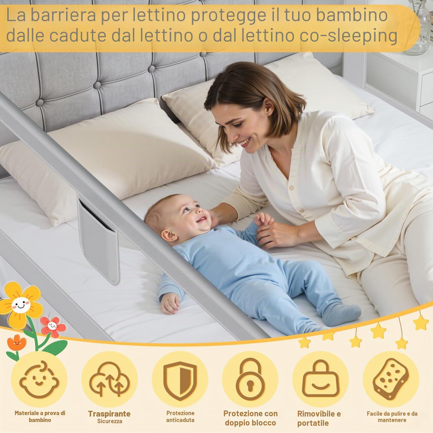 Sponda di protezione anticaduta per letto da 200 cm x 2 + 180 cm x 1, sponda di protezione per letto regolabile in altezza 64-96 cm, per neonati e bambini, con interruttore a doppio pulsante