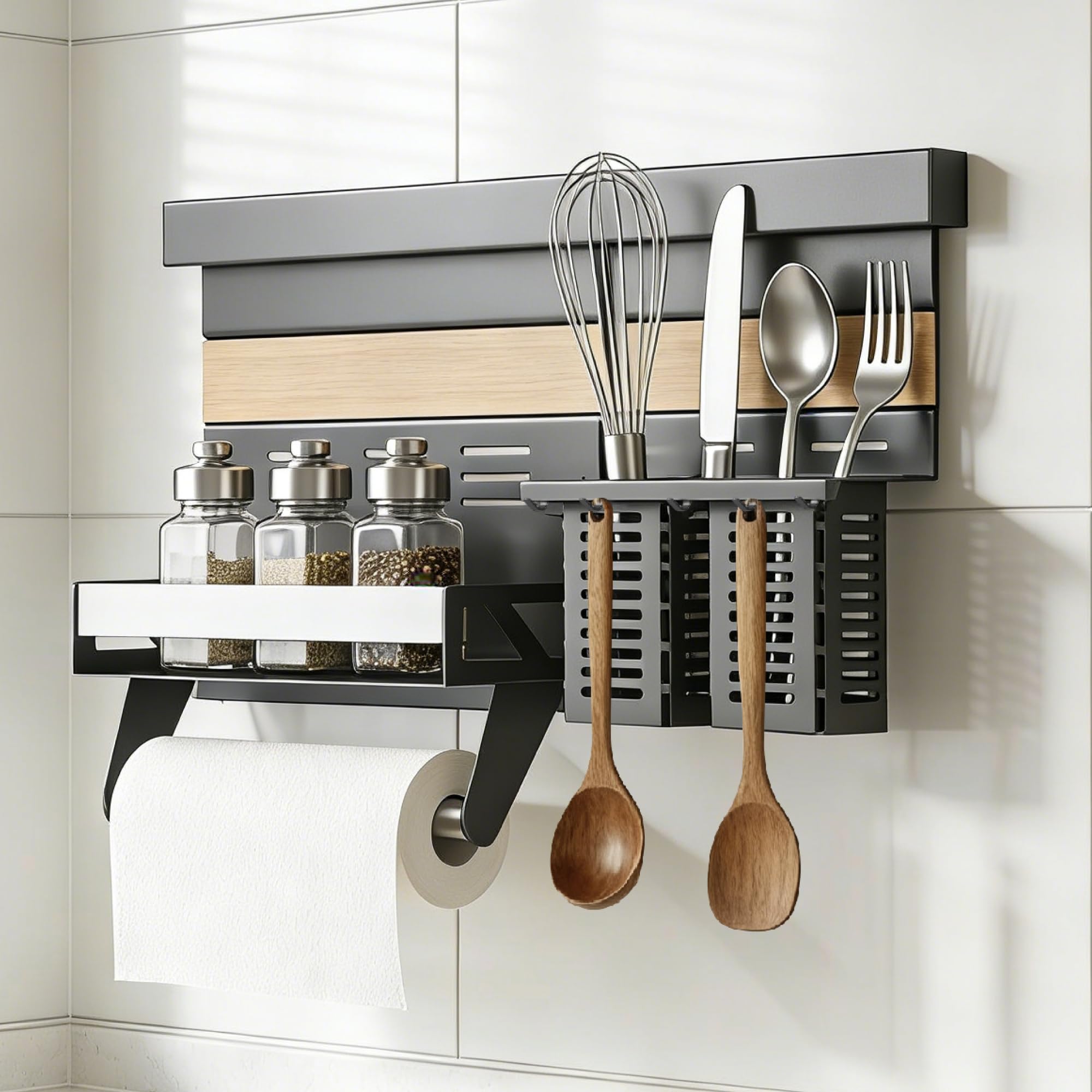Mai & Mai Porta Spezie e Porta Mestoli da Cucina in Lamiera Zincata, Portaspezie con Porta Rotolo, Portautensili con 5 Ganci, Grigio, da Appendere con Guide, Reglo-10+Reglo-12