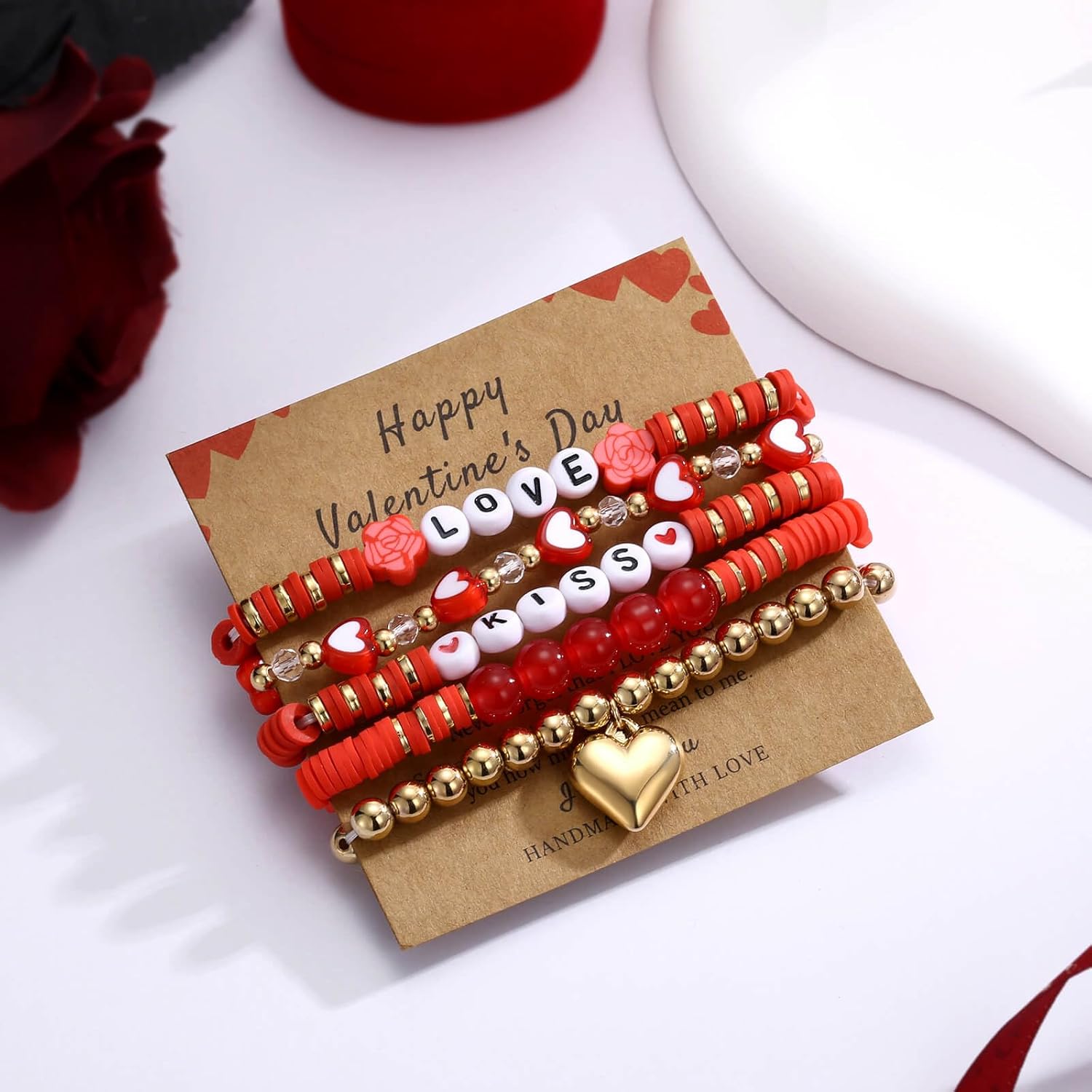 Beaded Heishi Stackable Stretch Bracelet with Love Heart Charm Valentine's Day Holiday Jewelry Gift for Women - Image 2