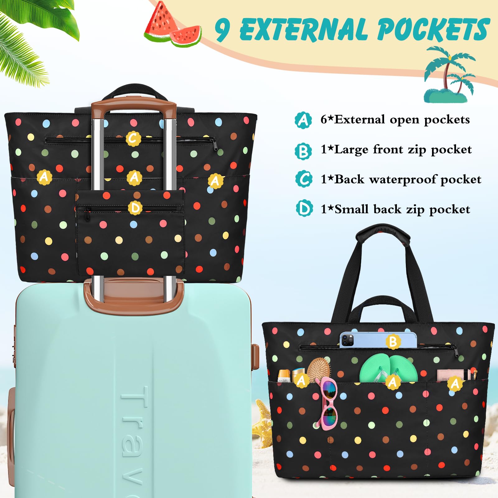 Strandtasche XXL Familie, Extra Groß Strandtasche Mit Reißverschluss Faltbare Badetasche Damen Wasserdicht Tote Bag Damen Herren Beach Bag Für Strand, Reisen, Urlaub. 50L