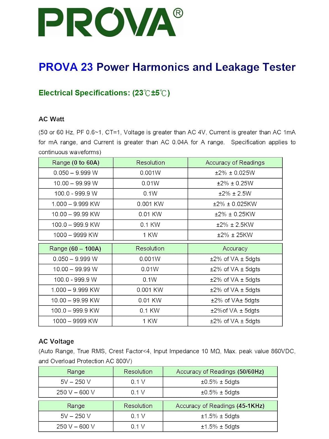 Taiwan Quality PROVA 23 Power Harmonics & Leakage Tester High Accuracy 10μA Resolution Active Reactive and Apparent Power, Leakage Harmonic Detector AC Current Harmonic Analysis