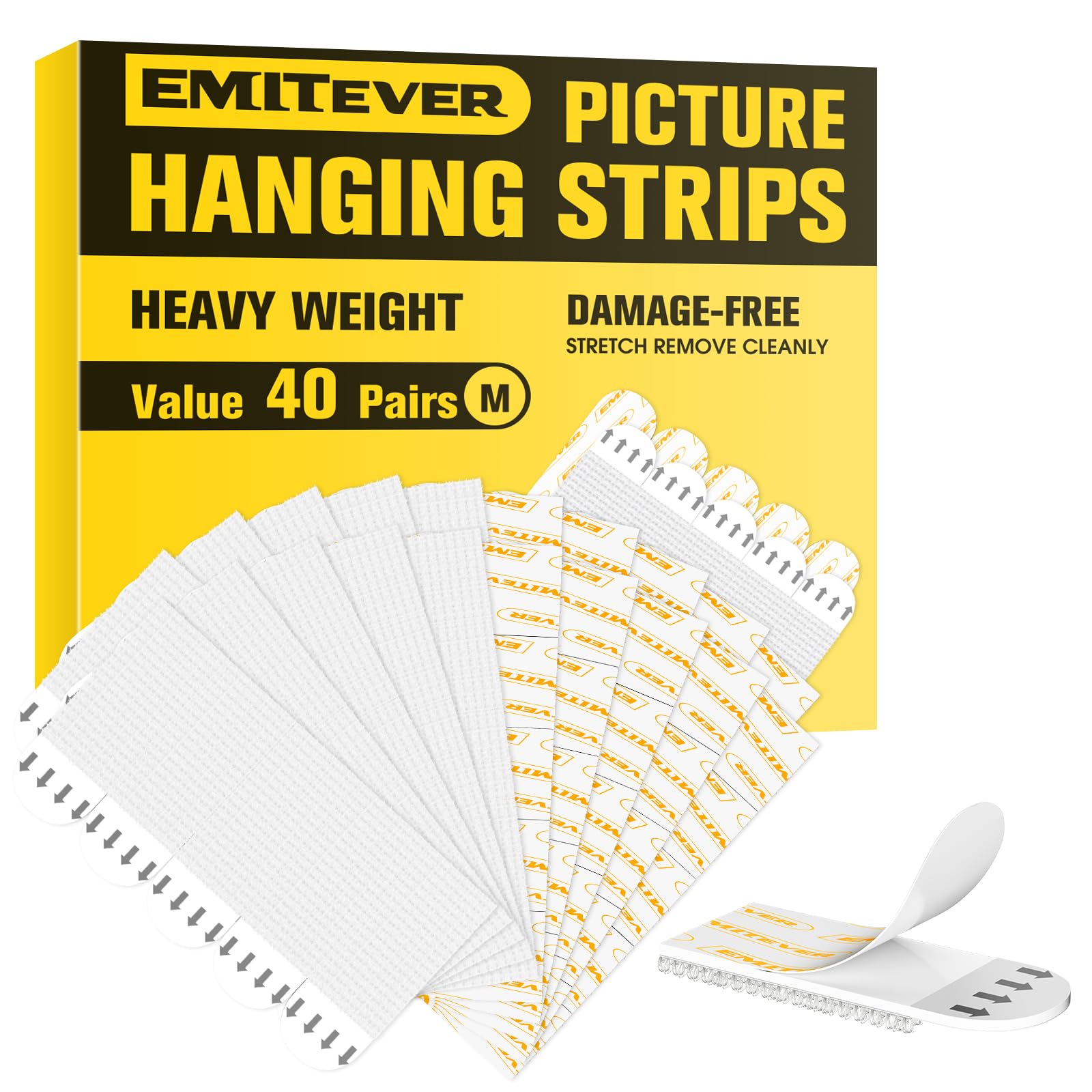 Emitever Picture Hanging Strips 40 Pairs (80 Strips), Double Side Hook Loop Mounting Tapes Adhesive Strips, Damage Free Hanging - for Pictures, Frames, Mirrors, Wall Decor and Signs(Medium)