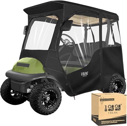 10L0L Golf Cart Case for 2 Passenger Golf Carts, Club Car, Predecessor/Pace All Weather Rain Cover, Windproof, Waterproof, 4 Side Viewing Window and Roll-up Zip Door (Black)