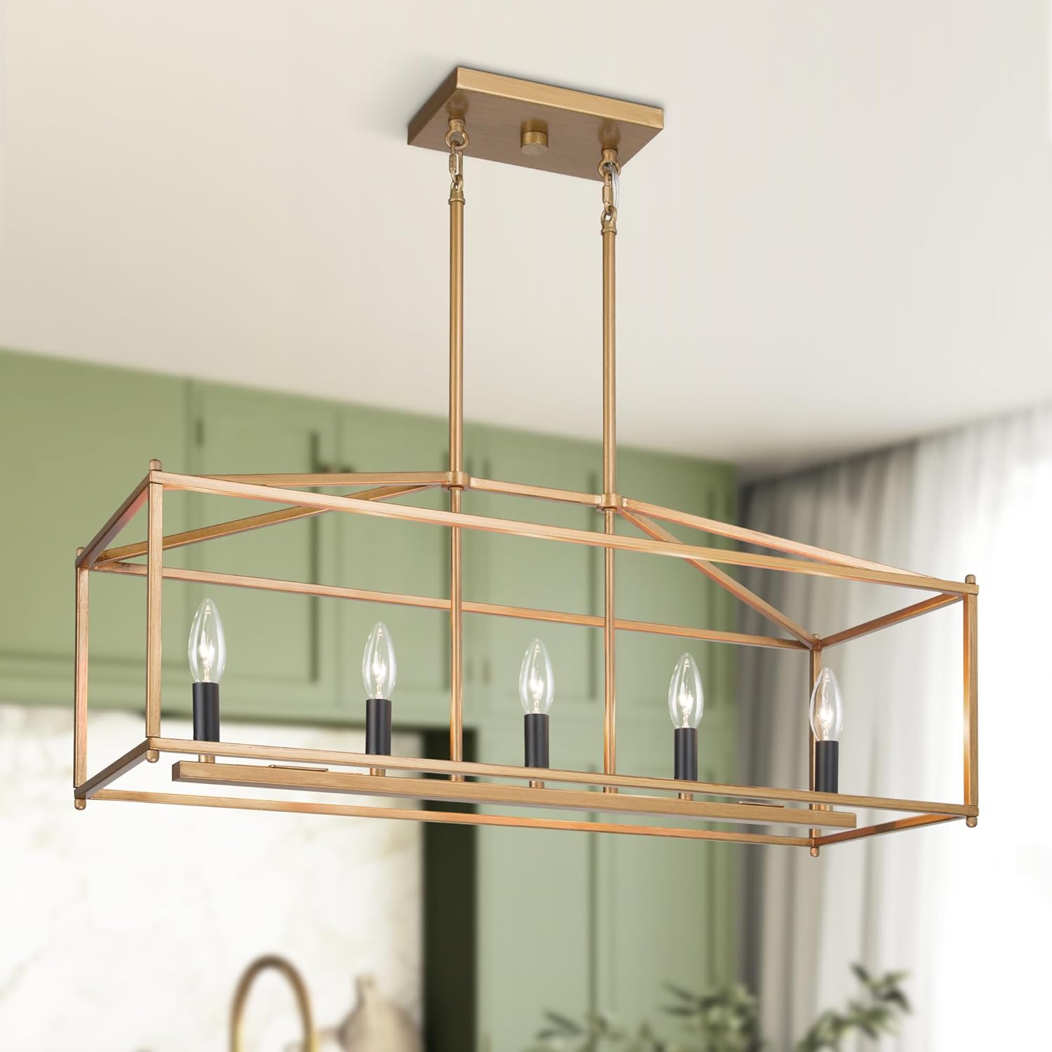 KSANA Modern 5-Light Gold Linear Chandelier, 30” Rectangle Pendant Light with Open Frame Black Base for Kitchen Island, Dining Room