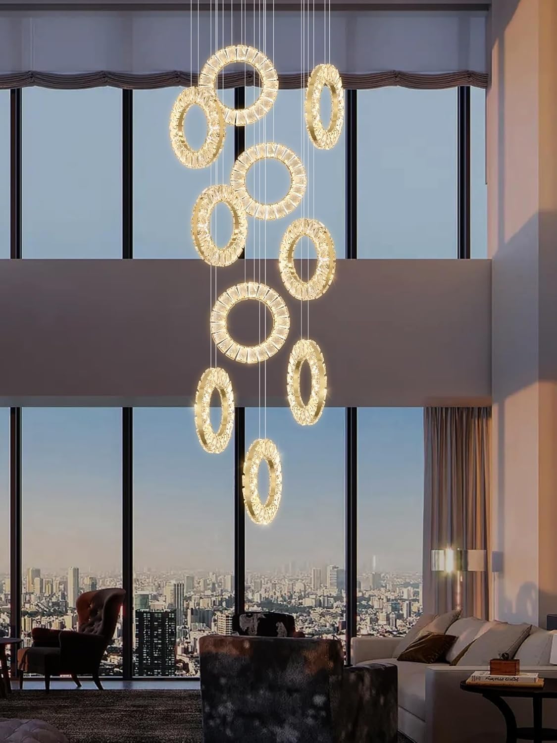 LYSDjia Modern crystal chandelier 10 ring long staircase Pendant Light LED living room ceiling lamp with remote control high ceiling foyer Hanging Lamp stainless steel ring Light Fixture for restauran