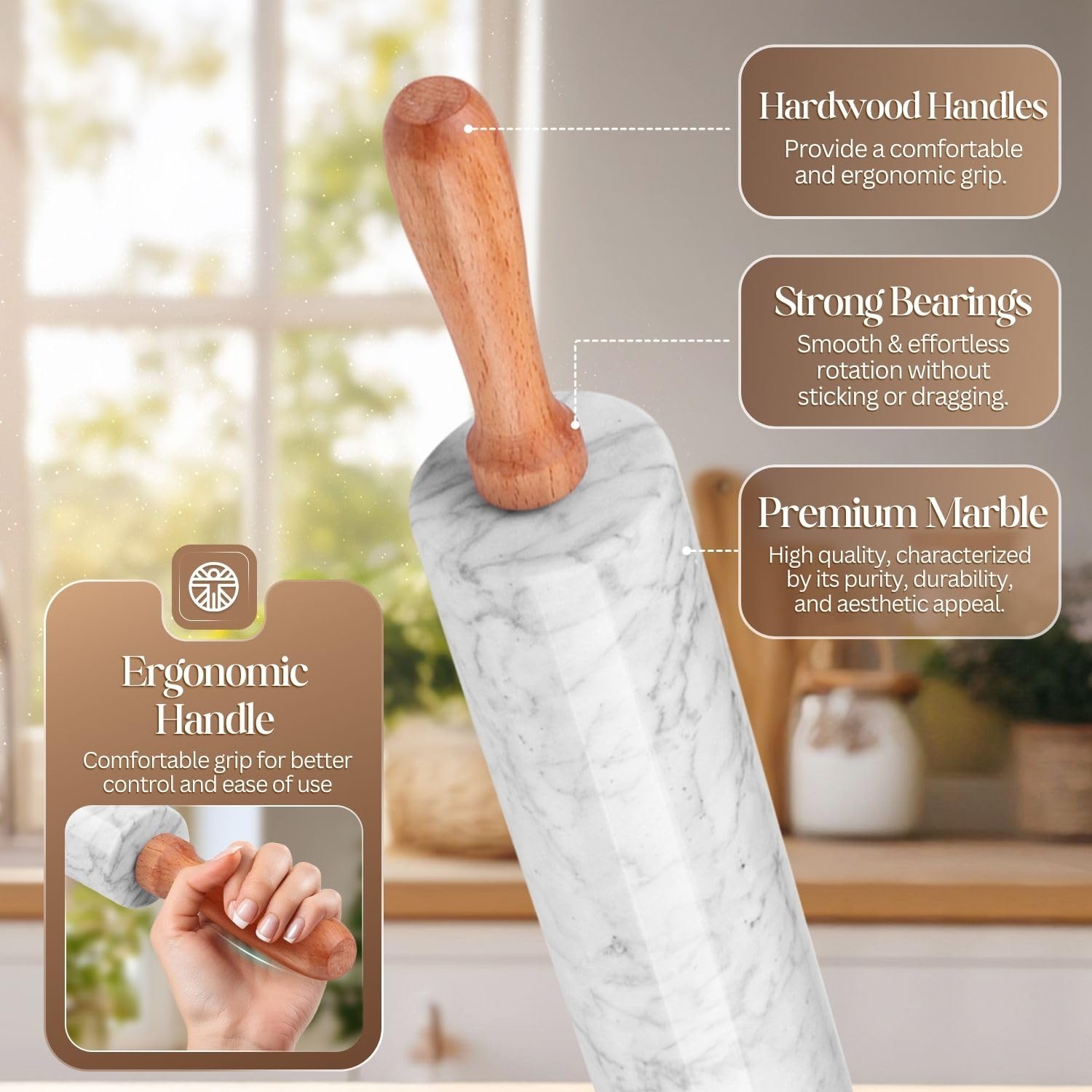 Flexzion Witte marmeren deegroller, 10 inch met houten handvat en houder basisstandaard, marmeren deegroller voor het bakken van gebak, pizzadeeg, roller, fondant, koekje, taart, korst, pasta