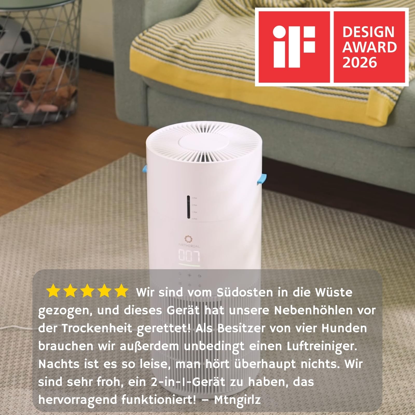 Airthereal Oczyszczacz i nawilżacz powietrza 2 w 1 do 125 m², 3-stopniowy filtr, monitor jakości powietrza, tryb cichego snu, nawilżacz z automatycznym monitorem wilgotności, AEH300