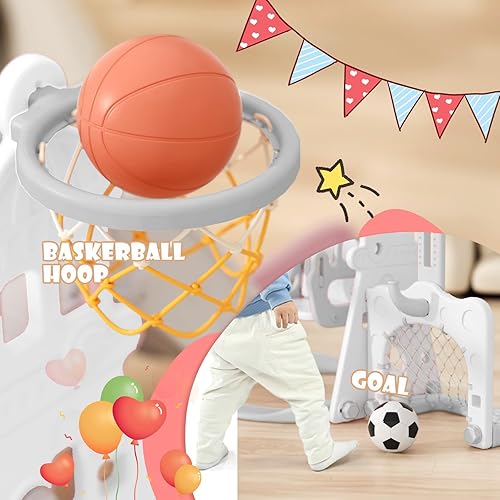 Miniatura 4 de Glaf Juego de tobogán 6 en 1 para niños pequeños de 1 a 3 años, juego de columpio y tobogán para interiores y exteriores, para patios traseros,